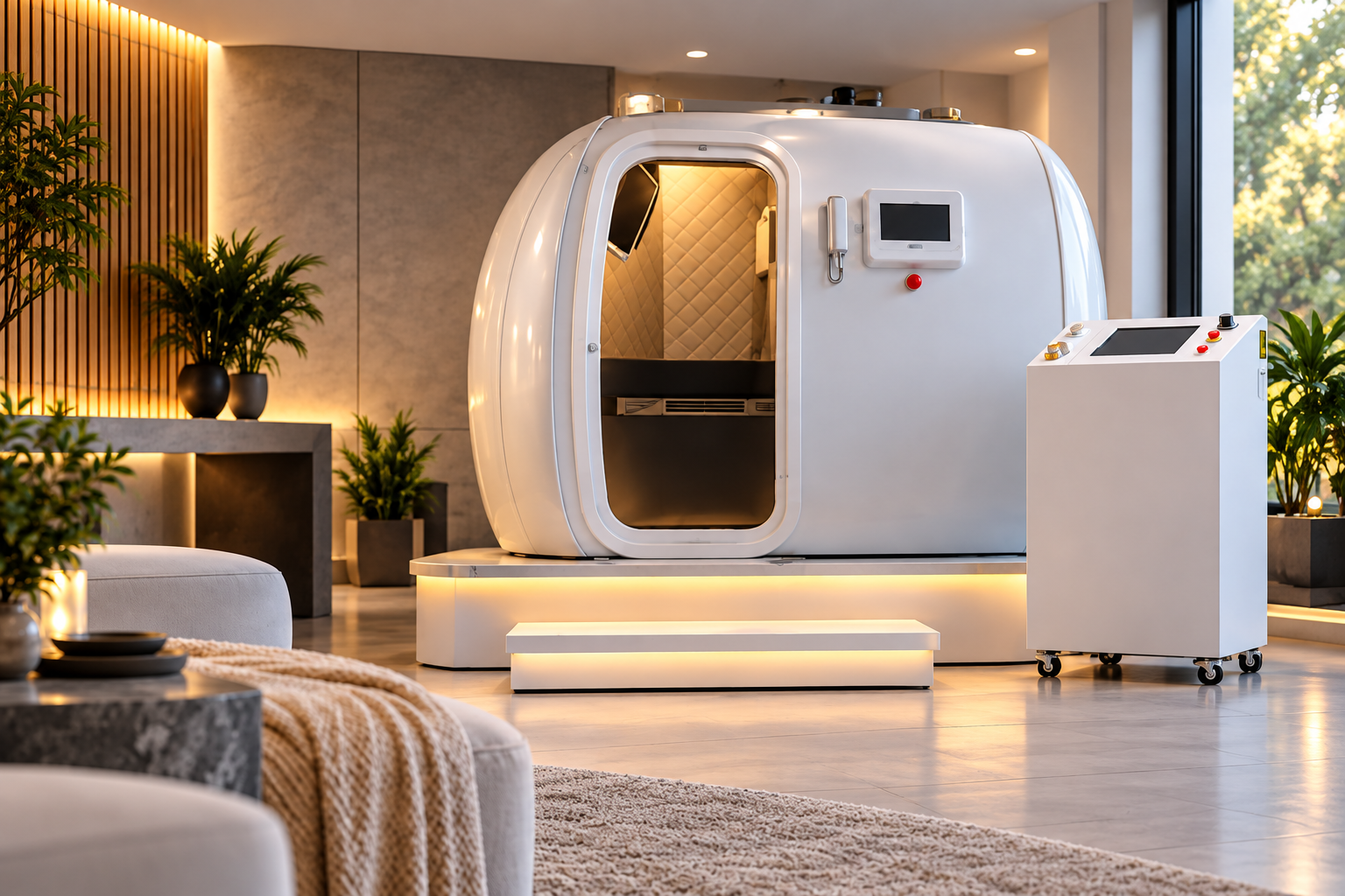 White hard-shell hyperbaric oxygen chamber (HBOT) with control unit in a modern wellness clinic.