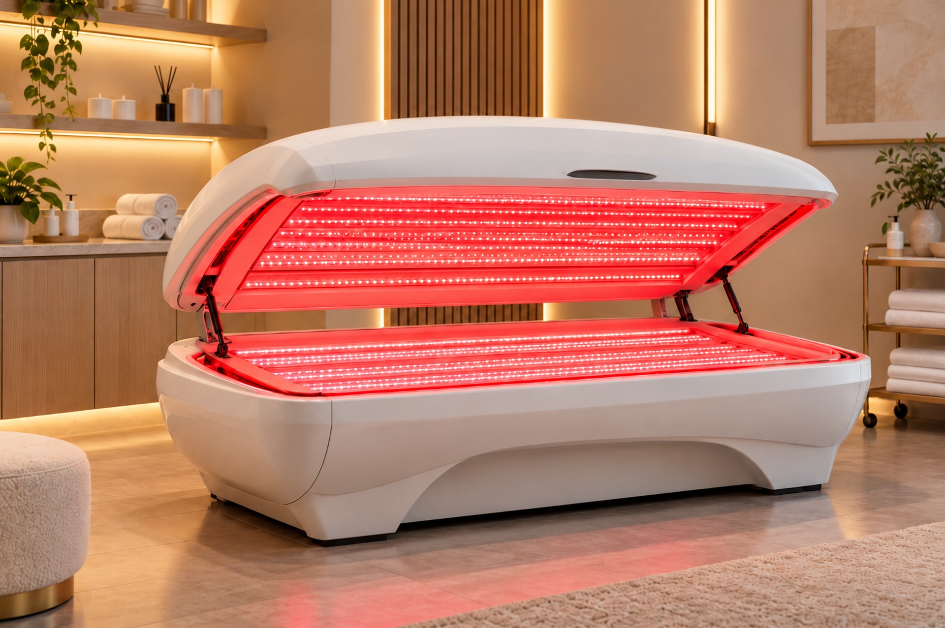 Open red light therapy bed with illuminated red LED panels in a modern wellness clinic.